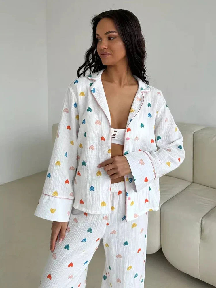 Loungewear- Heart Print Cotton Pajama Set Notch Collar 2-Piece Loungewear- - IndioGear Women Clothing