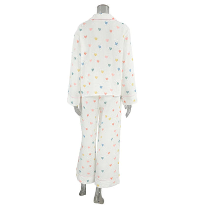 Loungewear- Heart Print Cotton Pajama Set Notch Collar 2-Piece Loungewear- - IndioGear Women Clothing