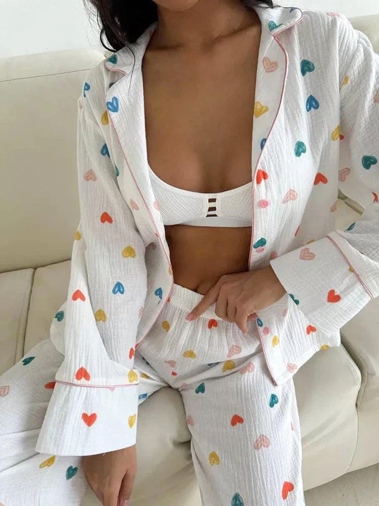 Loungewear- Heart Print Cotton Pajama Set Notch Collar 2-Piece Loungewear- - IndioGear Women Clothing