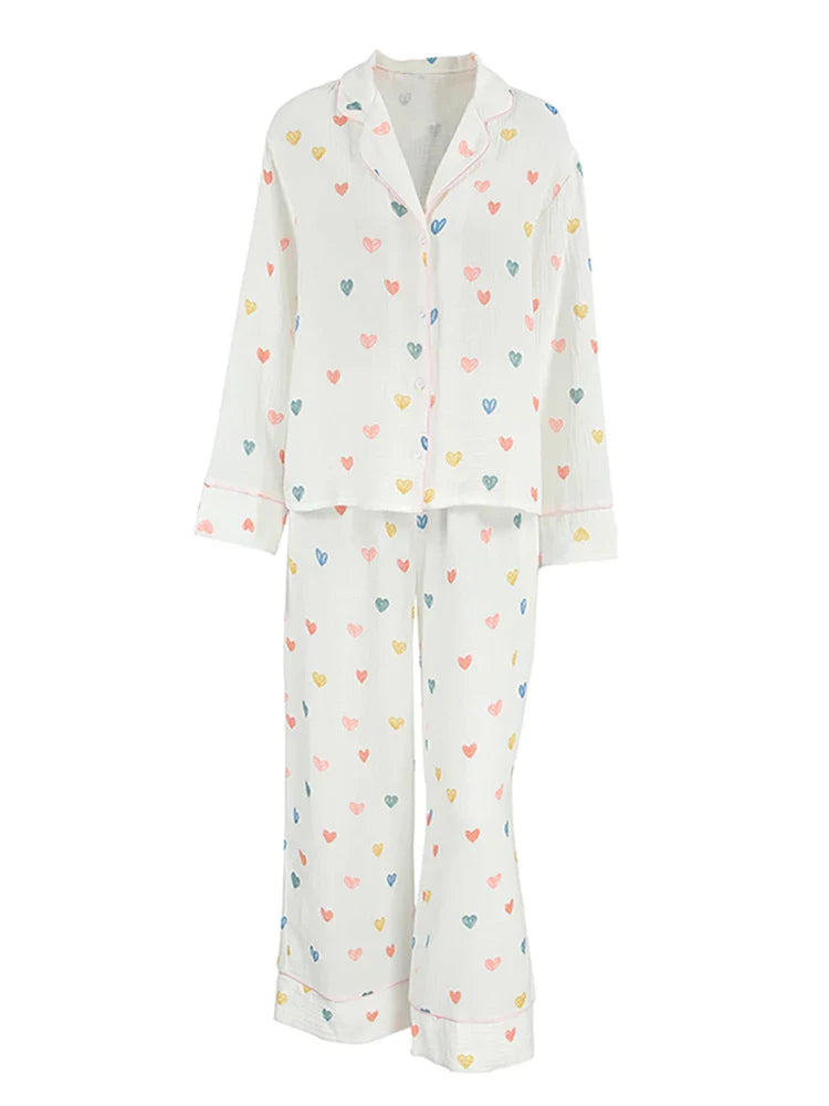 Loungewear- Heart Print Cotton Pajama Set Notch Collar 2-Piece Loungewear- - IndioGear Women Clothing