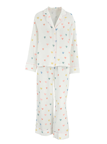 Loungewear- Heart Print Cotton Pajama Set Notch Collar 2-Piece Loungewear- - IndioGear Women Clothing