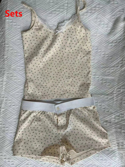 Damen-Set aus Camisole und Shorts mit Blumenmuster und Spitze für die Lounge