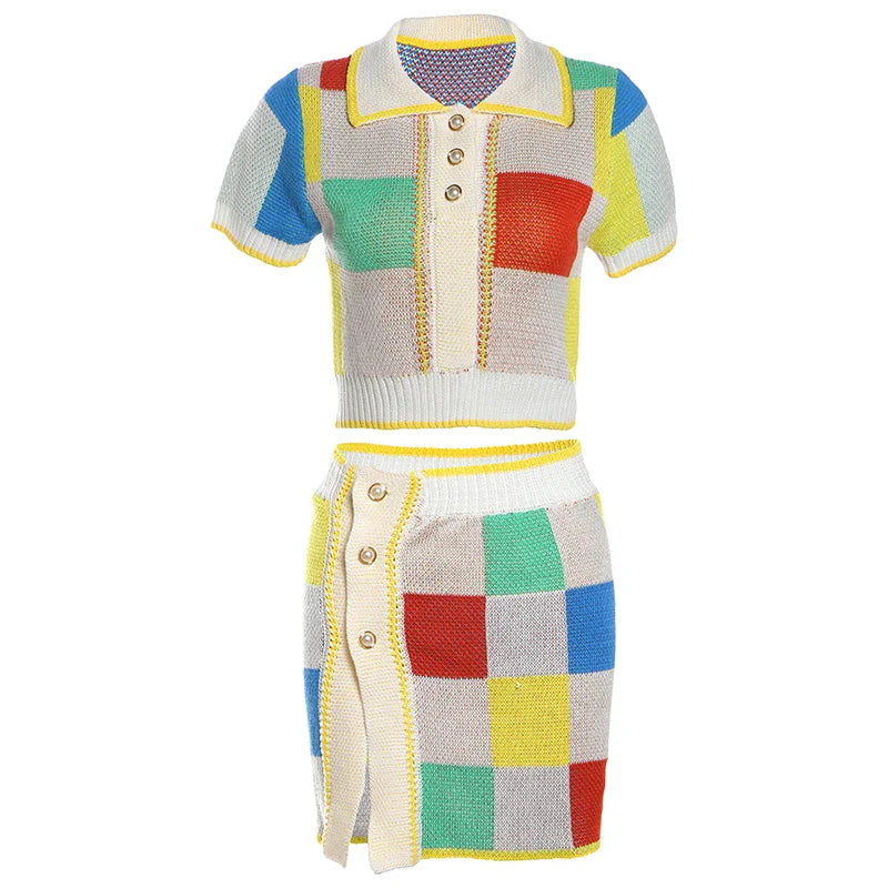 Loungewear - Patchwork Polo Set with Skirt for Artistic Souls Knit Outfit