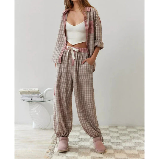 Loungewear- Plaid Loungewear Pajama Set Harem Pants & Shirt- - IndioGear.com