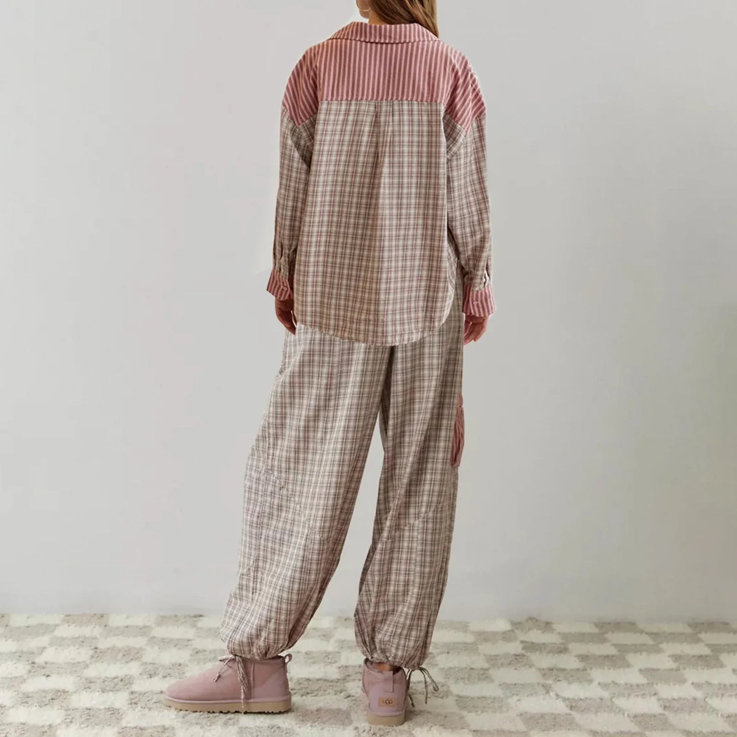 Loungewear- Plaid Loungewear Pajama Set Harem Pants & Shirt- - IndioGear.com