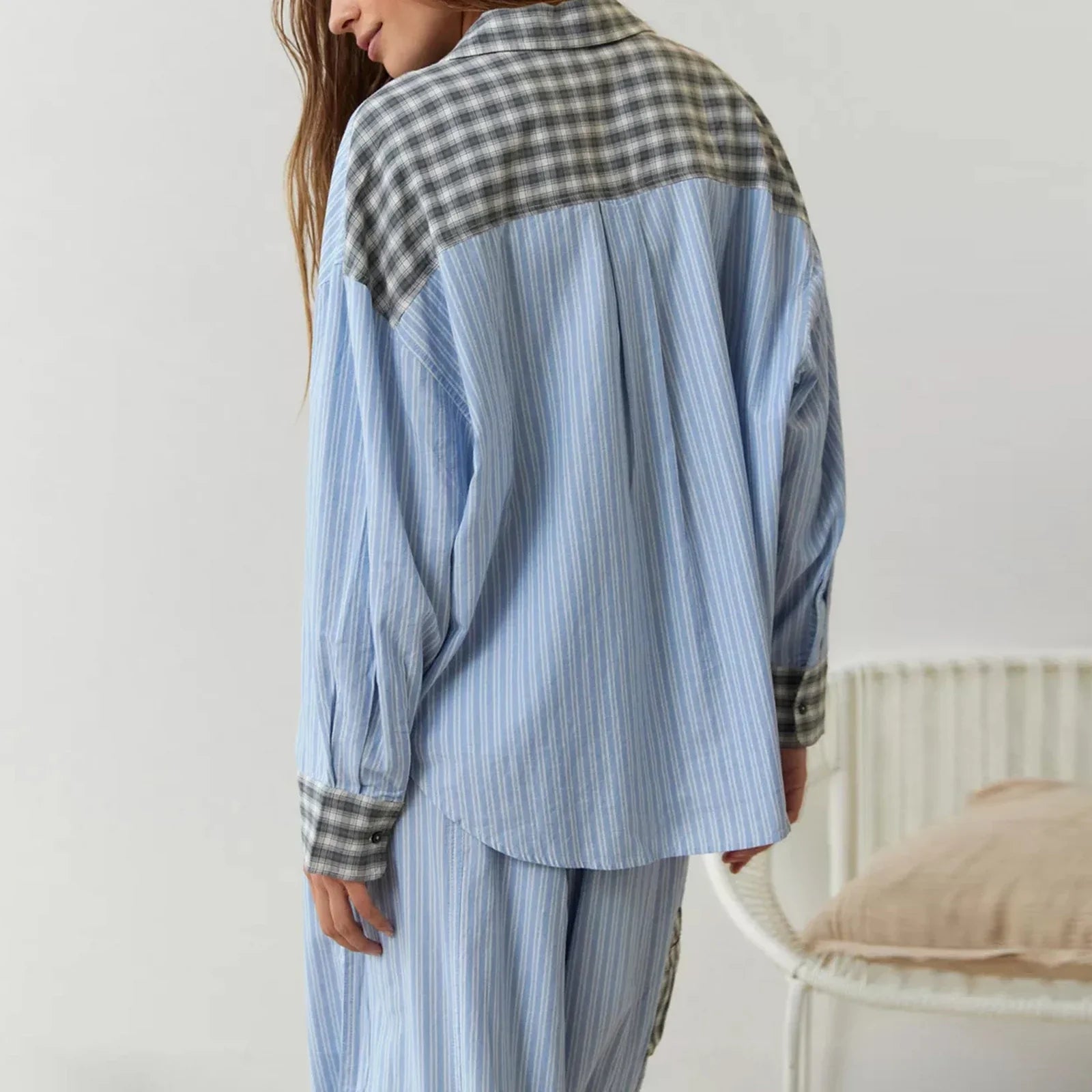 Loungewear- Plaid Loungewear Pajama Set Harem Pants & Shirt- - IndioGear.com