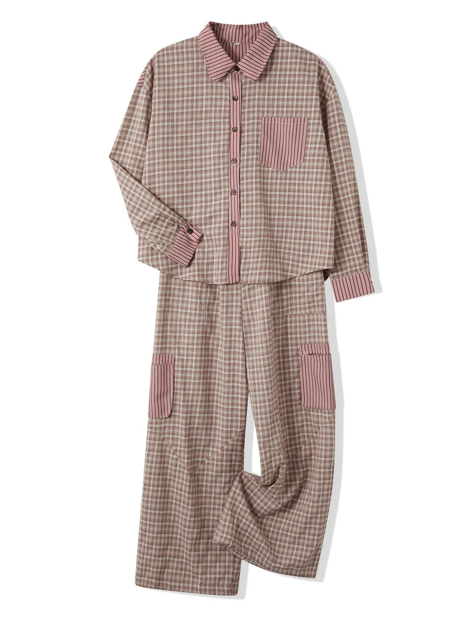 Loungewear- Plaid Loungewear Pajama Set Harem Pants & Shirt- - IndioGear.com