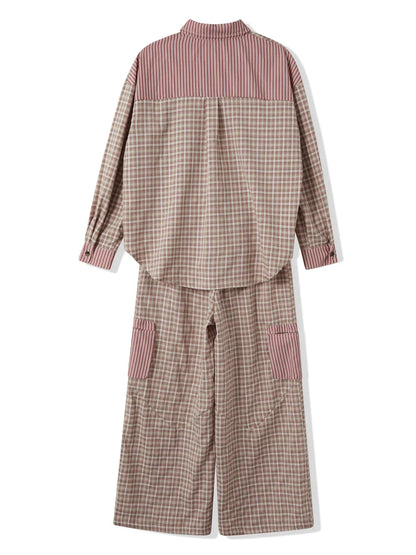 Loungewear- Plaid Loungewear Pajama Set Harem Pants & Shirt- - IndioGear.com