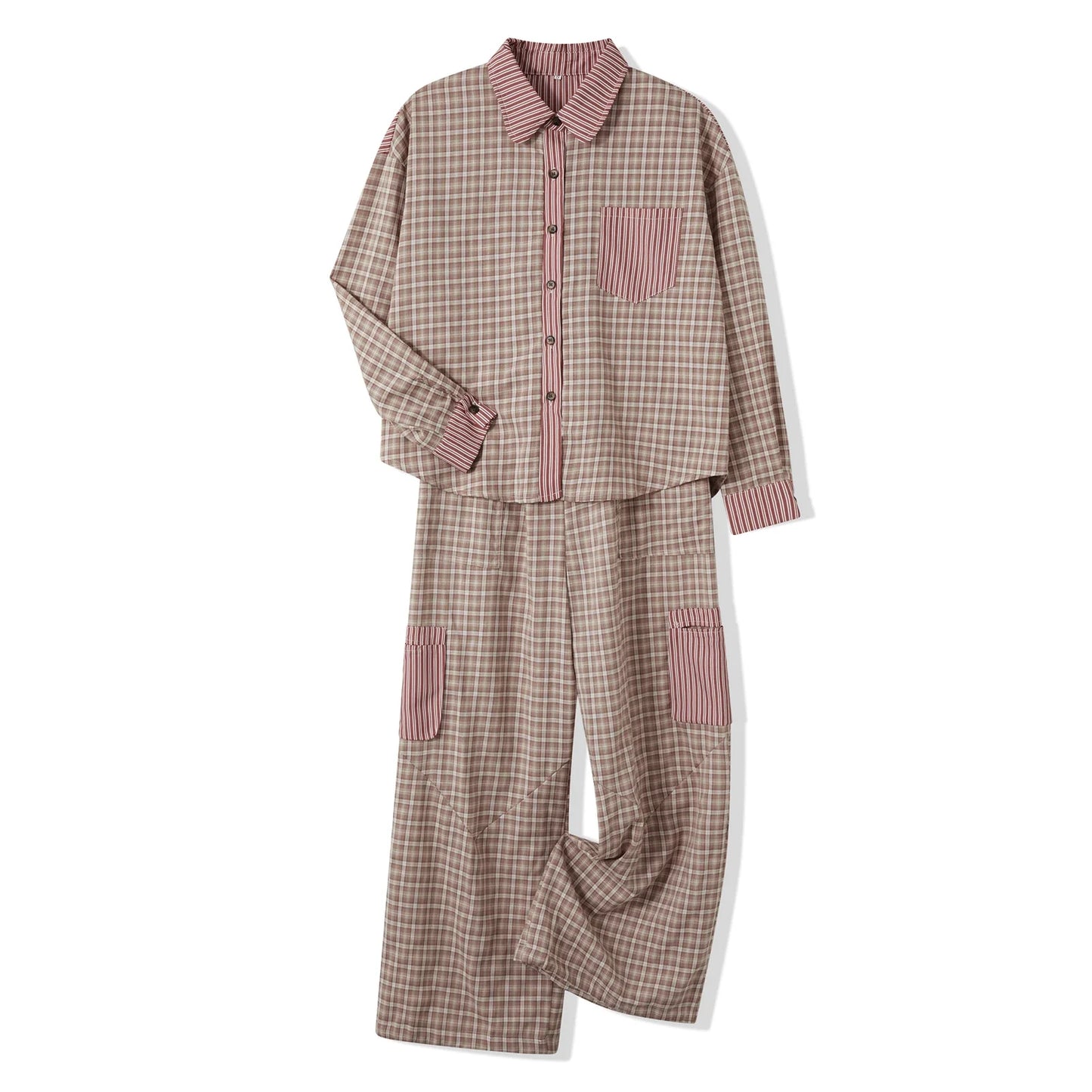 Loungewear- Plaid Loungewear Pajama Set Harem Pants & Shirt- - IndioGear.com