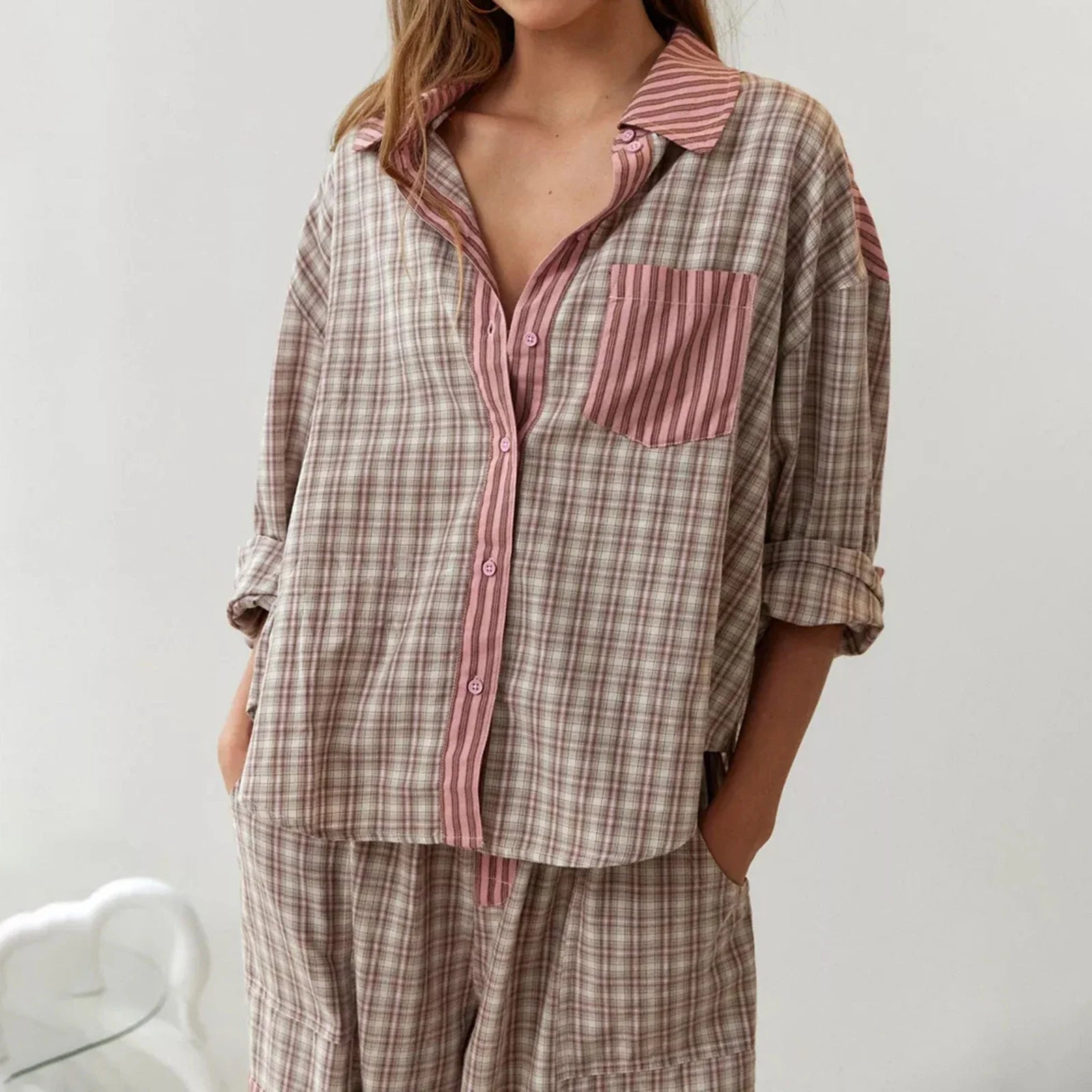 Loungewear- Plaid Loungewear Pajama Set Harem Pants & Shirt- - IndioGear.com