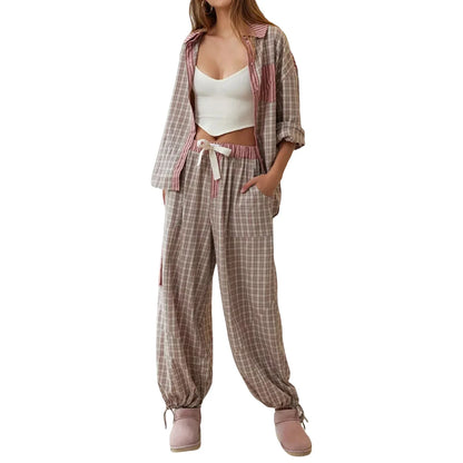 Loungewear- Plaid Loungewear Pajama Set Harem Pants & Shirt- Night Rose- IndioGear.com