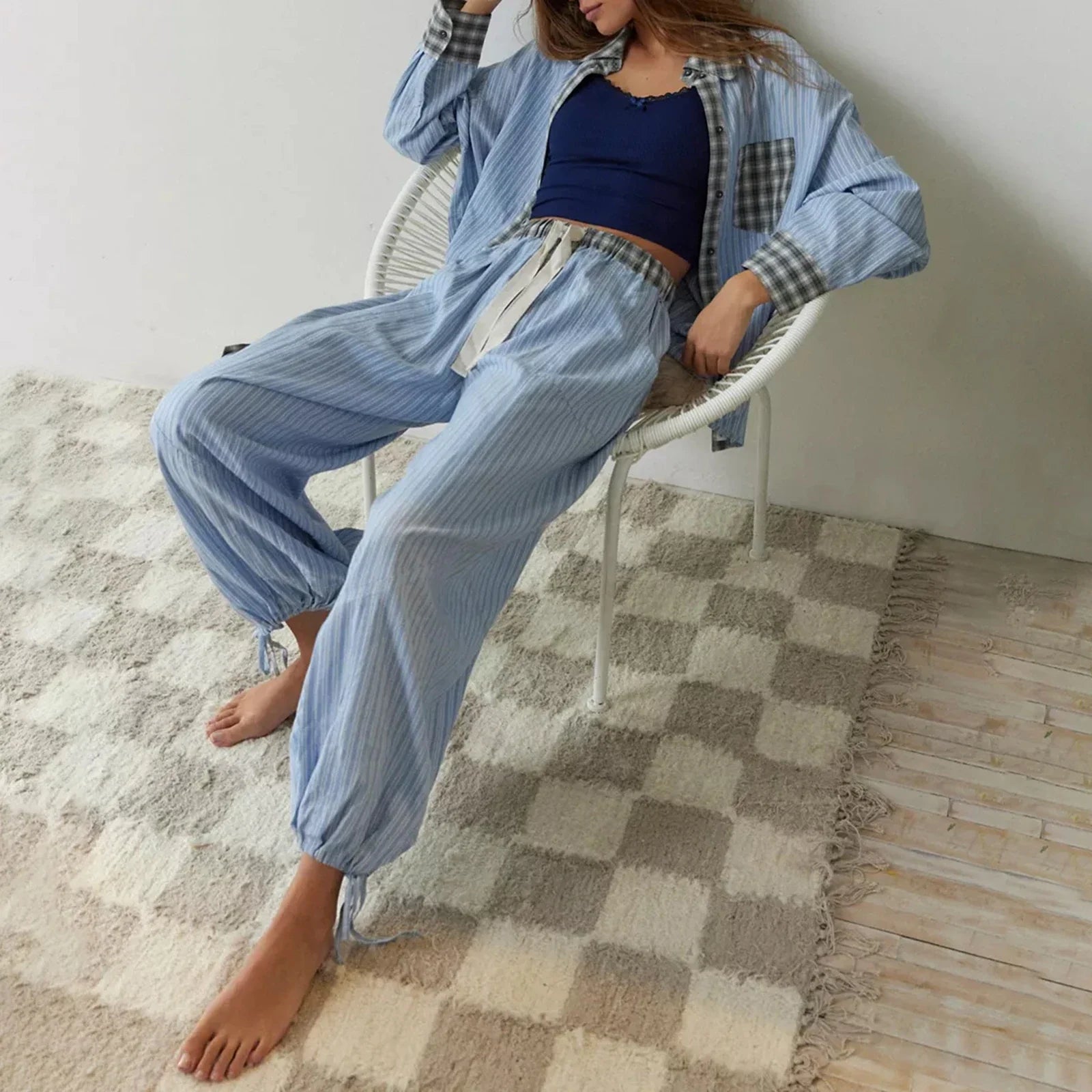 Loungewear- Plaid Loungewear Pajama Set Harem Pants & Shirt- - IndioGear.com