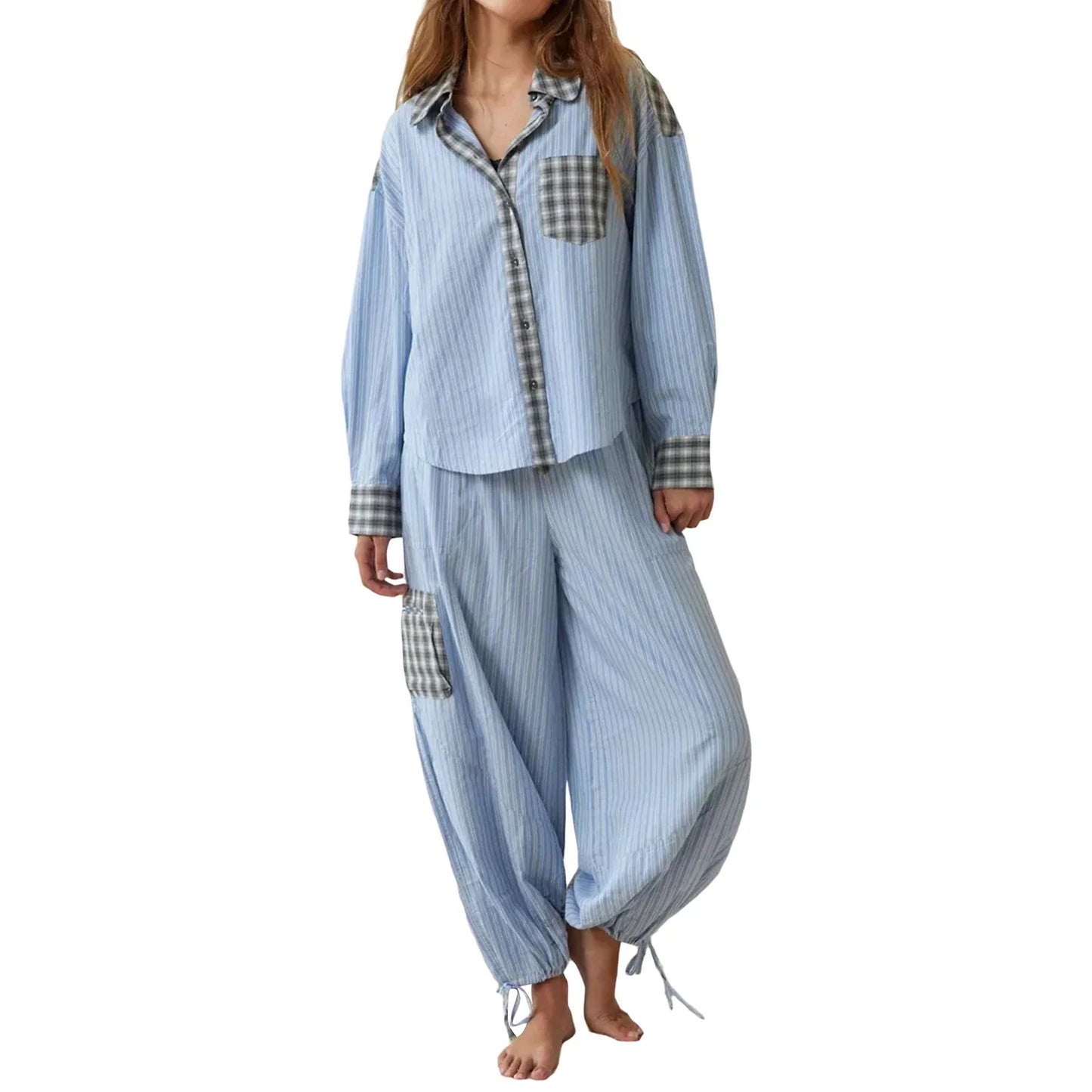 Loungewear- Plaid Loungewear Pajama Set Harem Pants & Shirt- Polished Metal- IndioGear.com