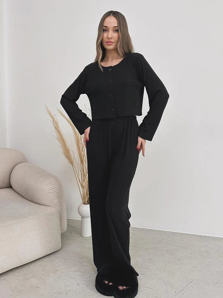 Loungewear- Rib-Knit Lounge 3-Piece Set with Cardigan Crop Top & Pants Ribbed- Black- IndioGear Women Clothing