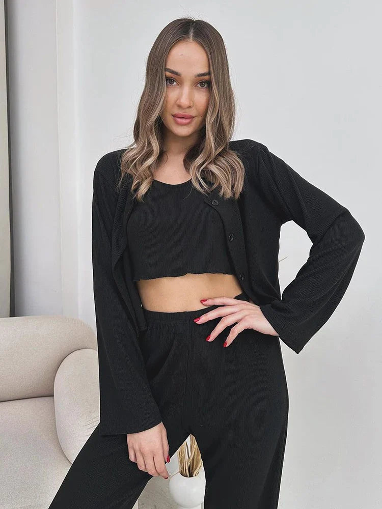 Loungewear- Rib-Knit Lounge 3-Piece Set with Cardigan Crop Top & Pants Ribbed- - IndioGear Women Clothing