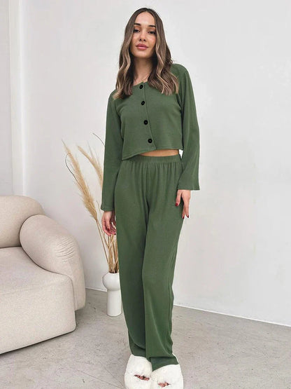 Loungewear- Rib-Knit Lounge 3-Piece Set with Cardigan Crop Top & Pants Ribbed- Green- IndioGear Women Clothing