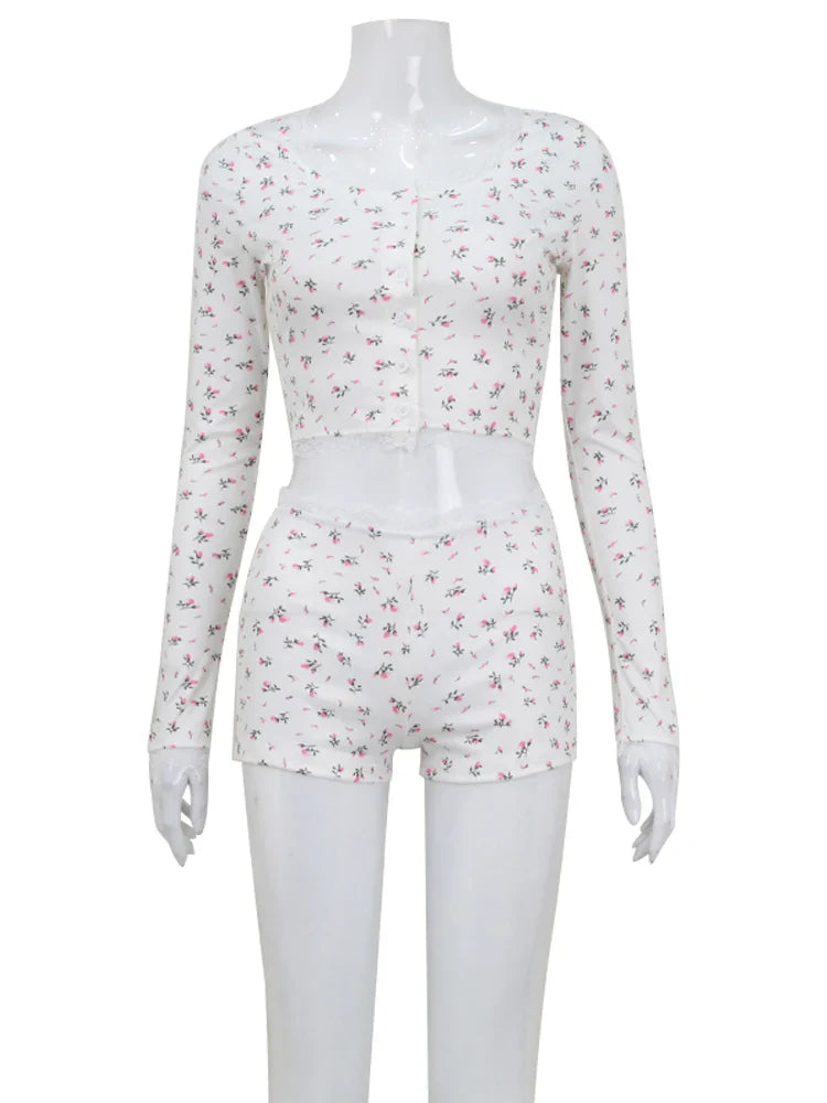 Loungewear- Spring Loungewear Set Women's Floral Long Sleeve Top & Shorts- - IndioGear.com