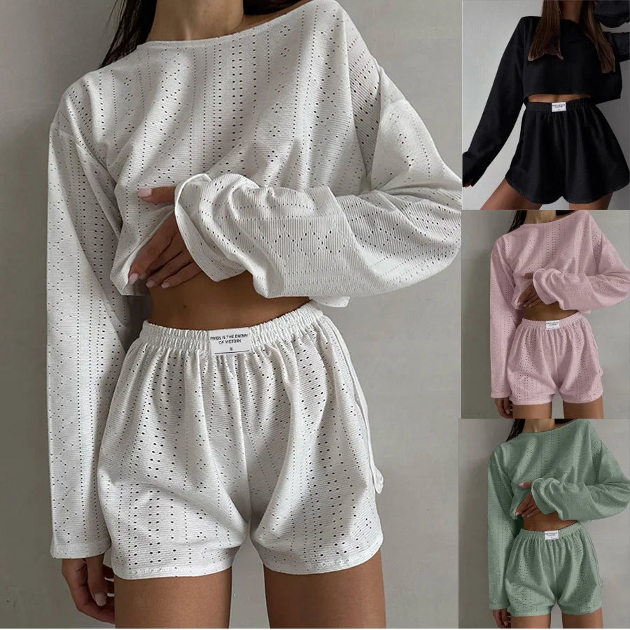 Loungewear- Spring & Summer Loungewear Eyelet Long Sleeve Top & Shorts- - IndioGear.com