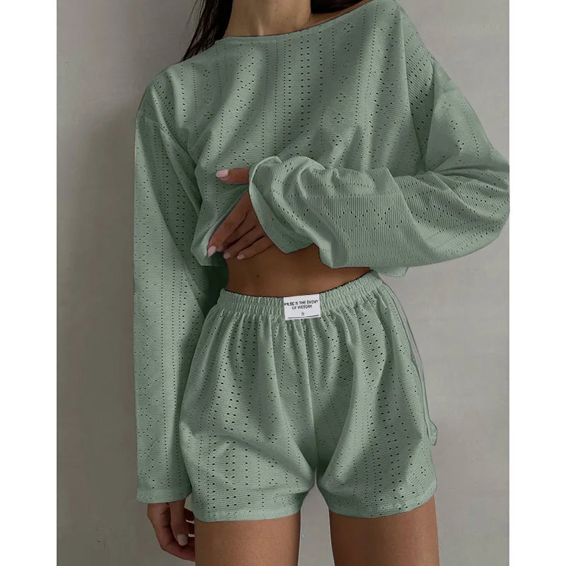 Loungewear- Spring & Summer Loungewear Eyelet Long Sleeve Top & Shorts- Green- IndioGear.com