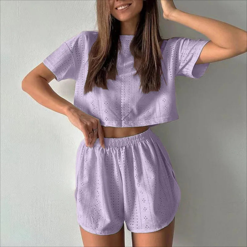 Loungewear- Spring & Summer Loungewear Eyelet Long Sleeve Top & Shorts- Purple 2- IndioGear.com