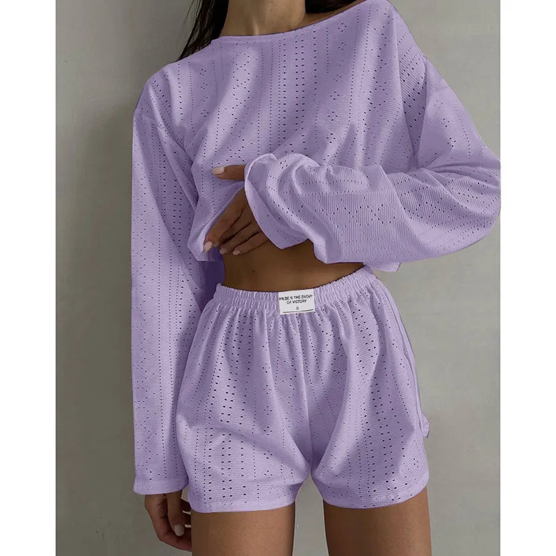 Loungewear- Spring & Summer Loungewear Eyelet Long Sleeve Top & Shorts- Purple- IndioGear.com