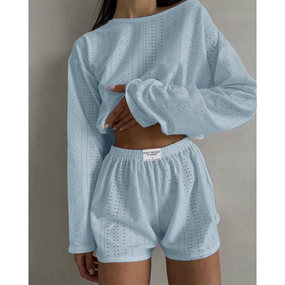 Loungewear- Spring & Summer Loungewear Eyelet Long Sleeve Top & Shorts- Light Blue- IndioGear.com