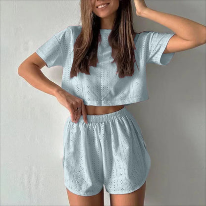 Loungewear- Spring & Summer Loungewear Eyelet Long Sleeve Top & Shorts- Light Blue 2- IndioGear.com