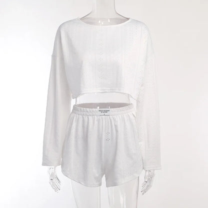 Loungewear- Spring & Summer Loungewear Eyelet Long Sleeve Top & Shorts- - IndioGear.com