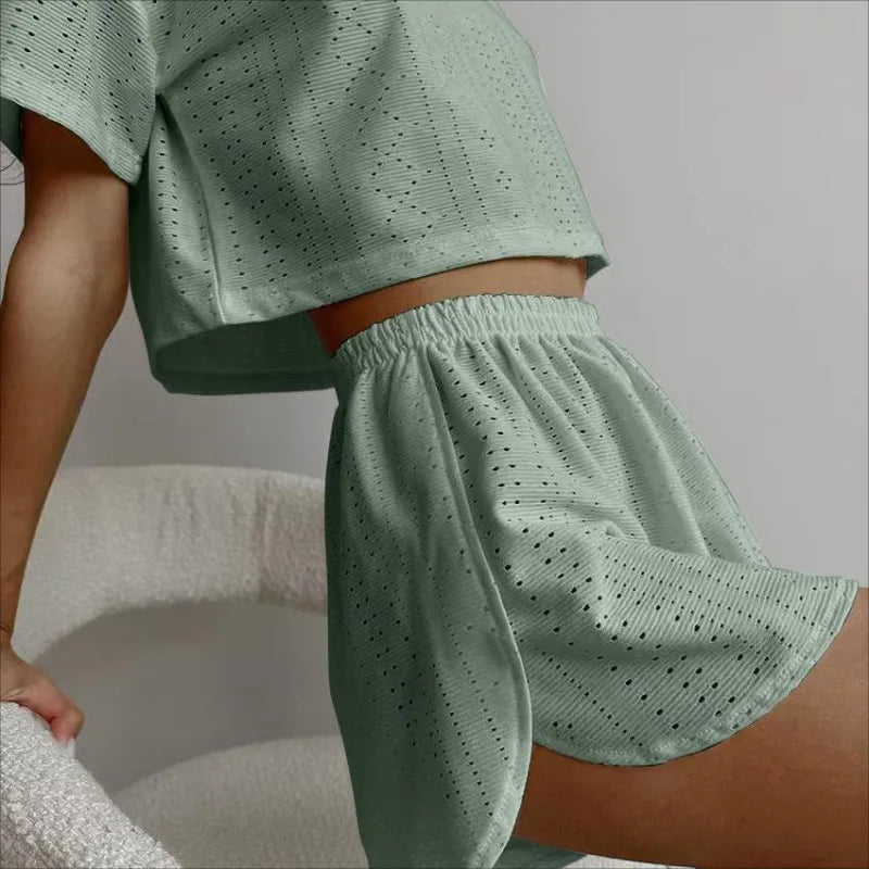 Loungewear- Spring & Summer Loungewear Eyelet Long Sleeve Top & Shorts- - IndioGear.com