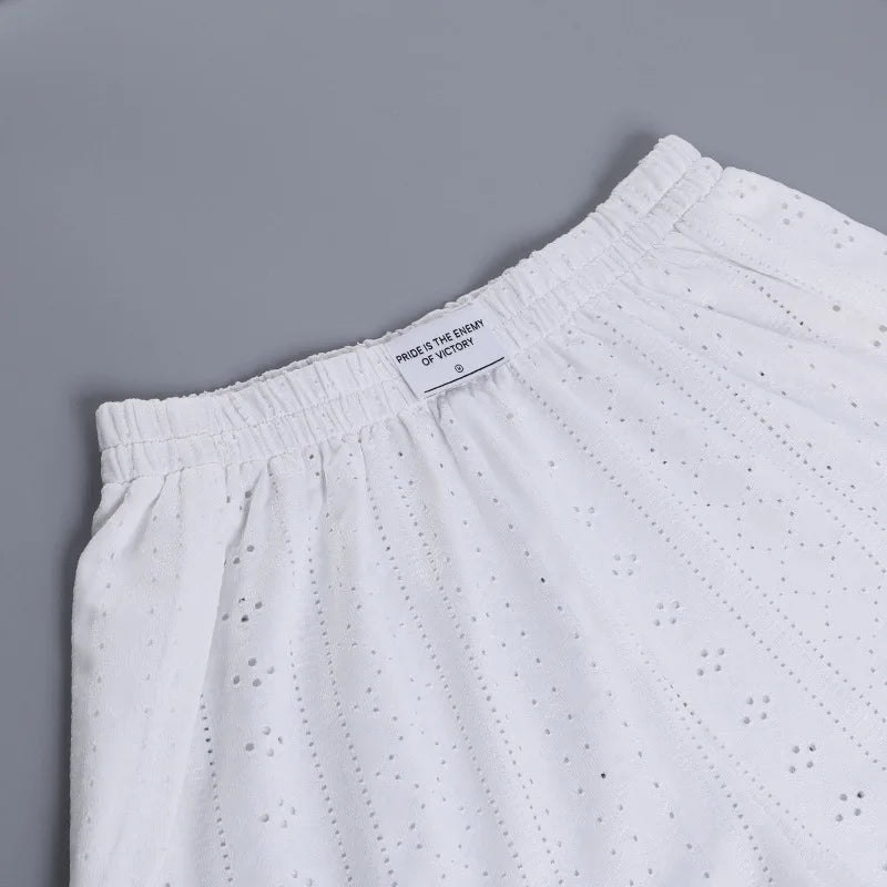 Loungewear- Spring & Summer Loungewear Eyelet Long Sleeve Top & Shorts- - IndioGear.com