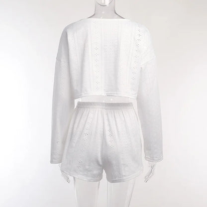 Loungewear- Spring & Summer Loungewear Eyelet Long Sleeve Top & Shorts- - IndioGear.com