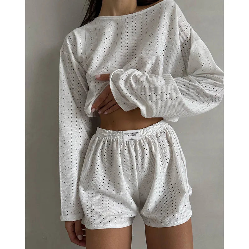 Loungewear- Spring & Summer Loungewear Eyelet Long Sleeve Top & Shorts- White- IndioGear.com