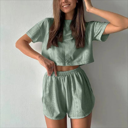 Loungewear- Spring & Summer Loungewear Eyelet Long Sleeve Top & Shorts- Green 2- IndioGear.com