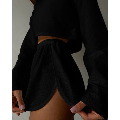 Loungewear- Spring & Summer Loungewear Eyelet Long Sleeve Top & Shorts- Black- IndioGear.com