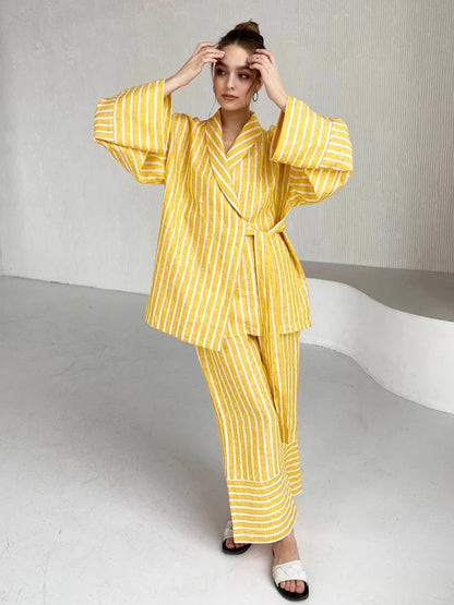 Loungewear - Striped Cotton Loungewear Set Robe Shirt and Pants