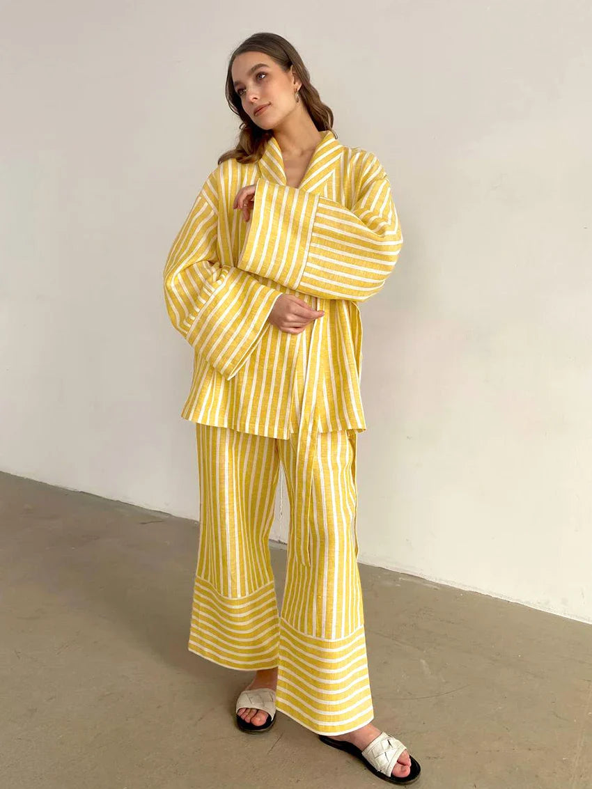 Loungewear - Striped Cotton Loungewear Set Robe Shirt and Pants