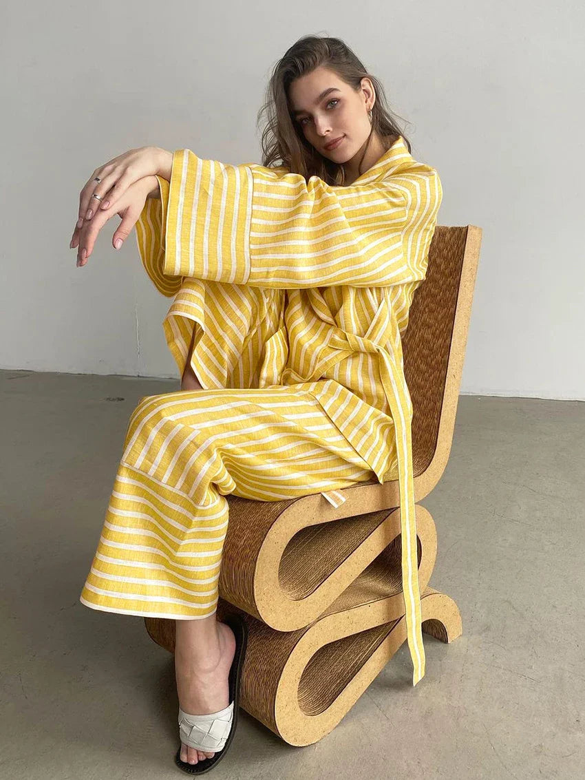 Loungewear - Striped Cotton Loungewear Set Robe Shirt and Pants