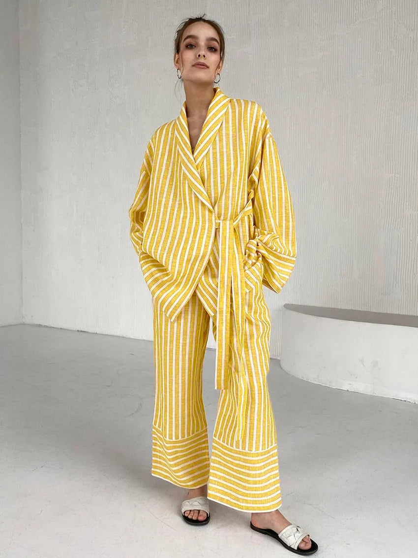 Loungewear - Striped Cotton Loungewear Set Robe Shirt and Pants