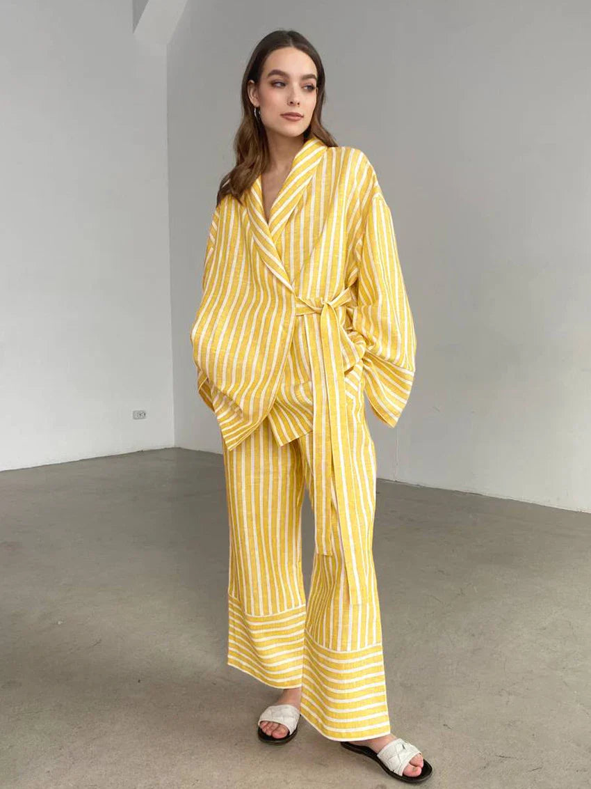 Loungewear - Striped Cotton Loungewear Set Robe Shirt and Pants