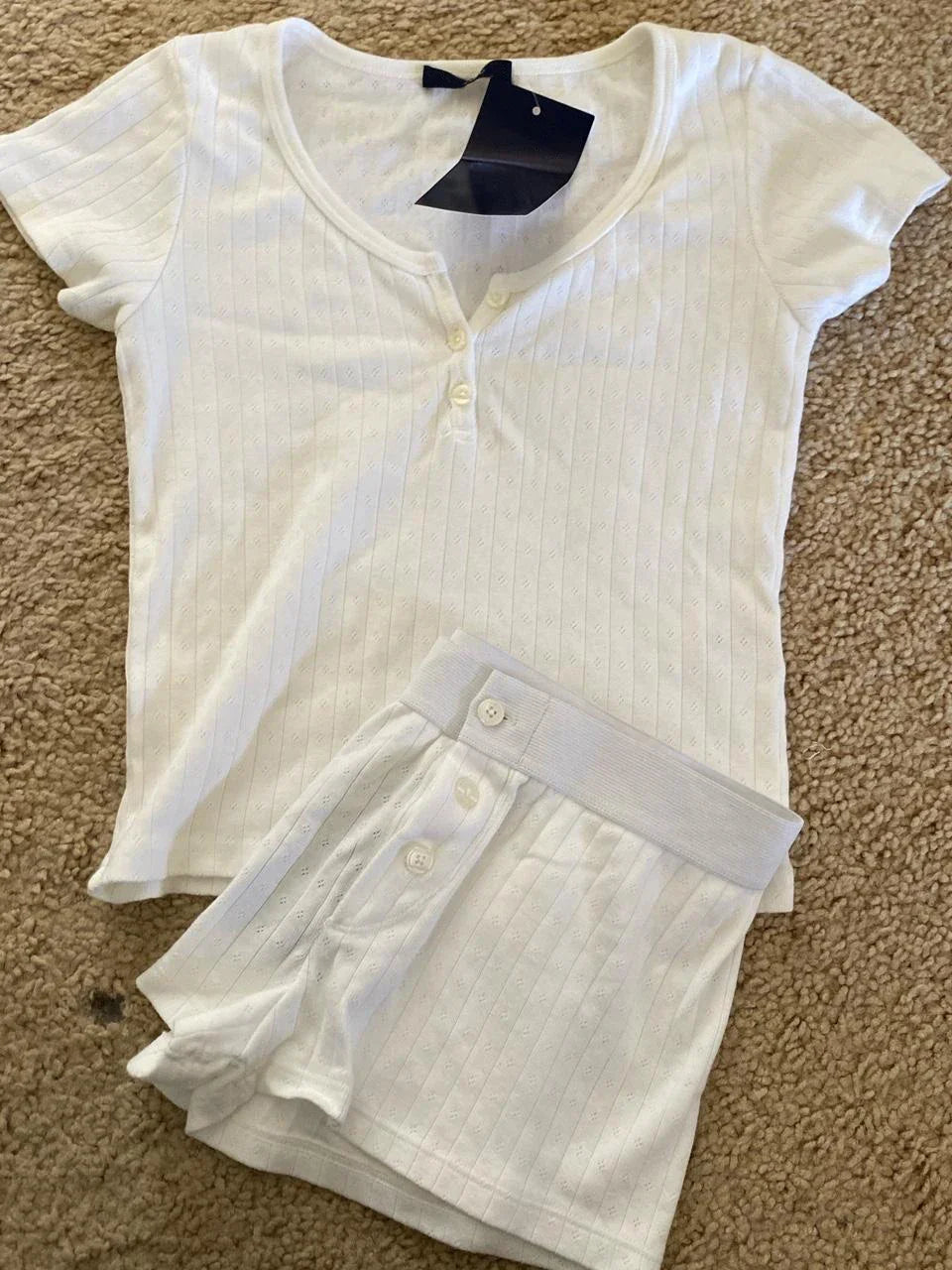 Loungewear- Striped Shorts and Tee Pajamas Lounge Set for Women- White eyelet- Chuzko Women Clothing