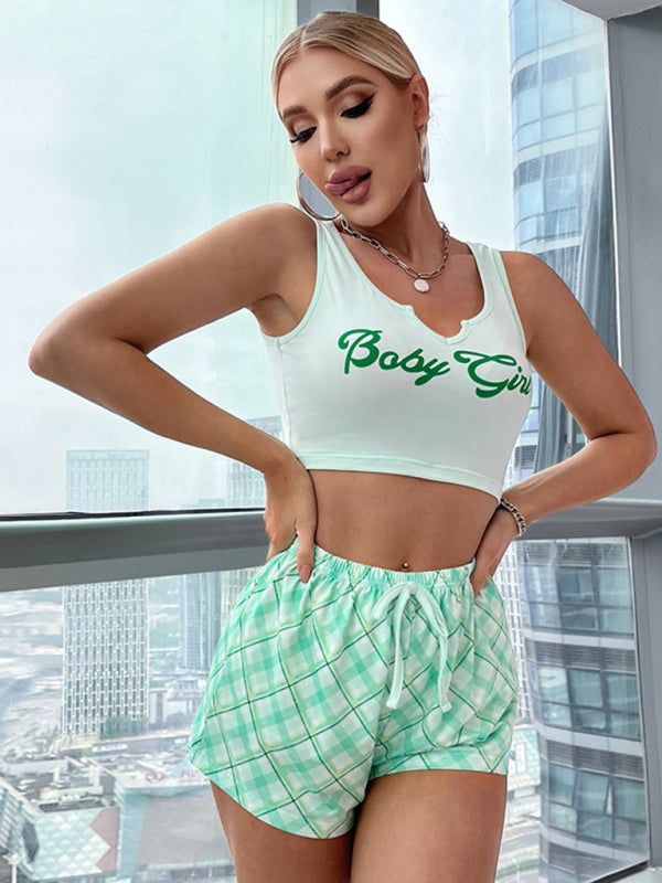 Loungewear- Summer Women's Plaid Pajamas 2 Piece Set - Tank Top & Shorts- Green- IndioGear Fashion and Gear