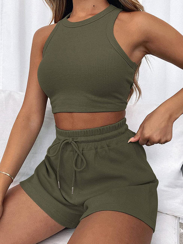 Loungewear- Summer Women's Textured Pajamas Set - Tank Top & Shorts Duo- Olive green- IndioGear Fashion and Gear