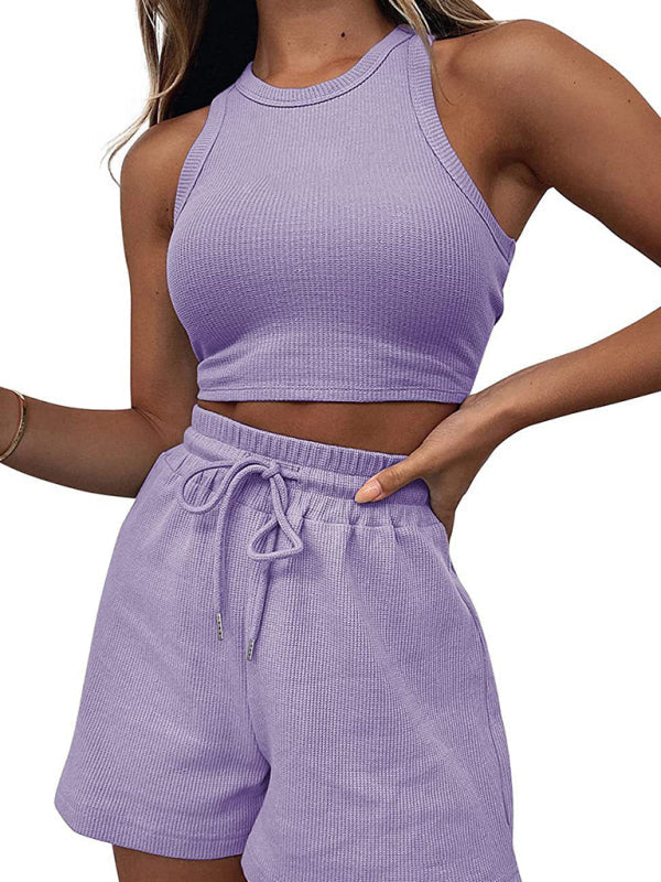 Loungewear- Summer Women's Textured Pajamas Set - Tank Top & Shorts Duo- - IndioGear Fashion and Gear