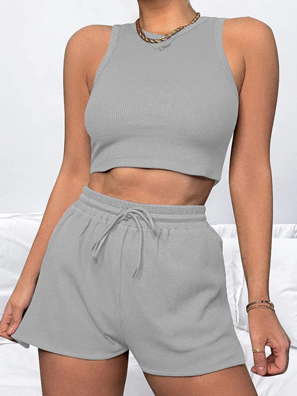 Loungewear- Summer Women's Textured Pajamas Set - Tank Top & Shorts Duo- Grey- IndioGear Fashion and Gear