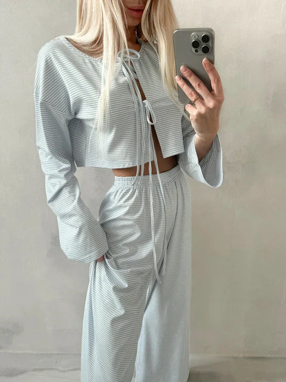 Loungewear- Tie-Up Casual 2 Piece Cotton Loungewear Set- - IndioGear Women Clothing