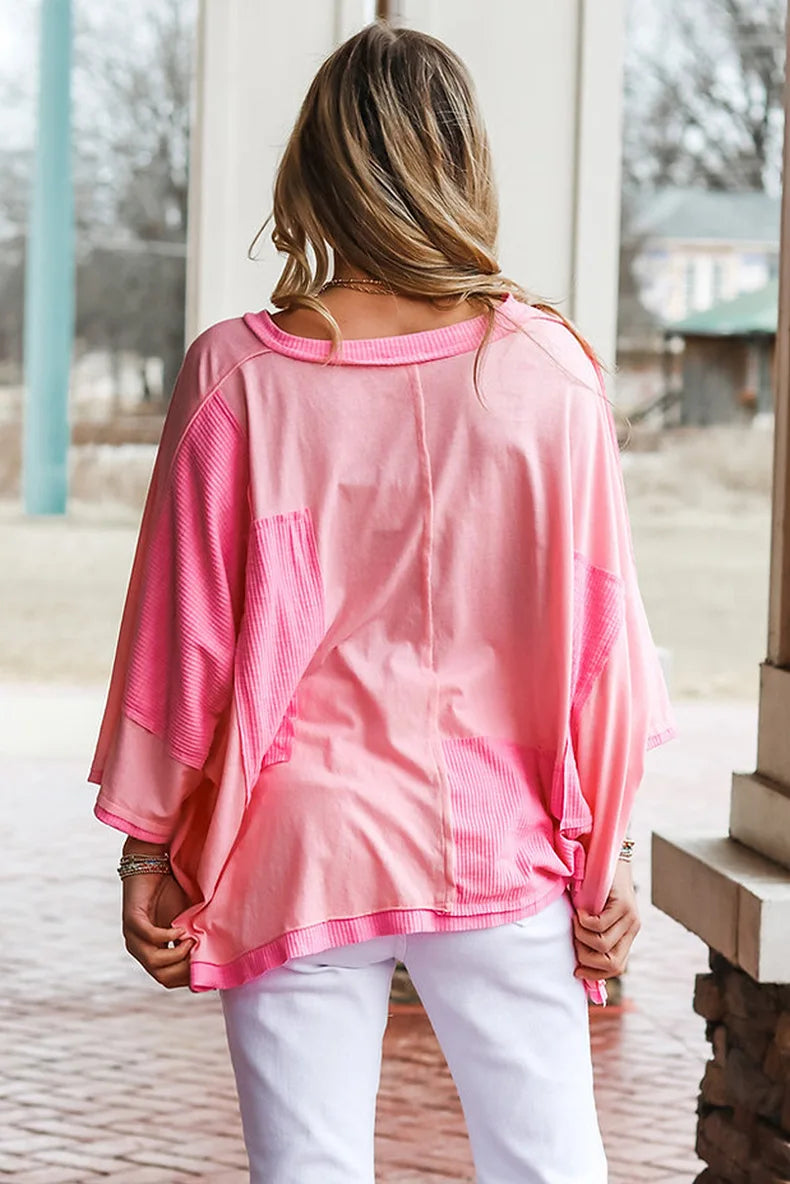 Loungewear Tops- Pink Patchwork Lounge Top- - IndioGear.com