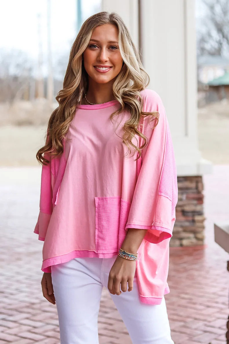 Loungewear Tops- Pink Patchwork Lounge Top- - IndioGear.com