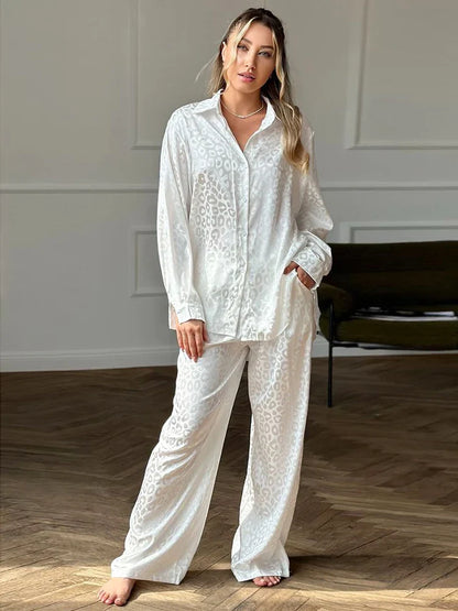 Loungewear- Two-Piece Jacquard Lounge Outfit Shirt & Pant Set- White- IndioGear Women Clothing