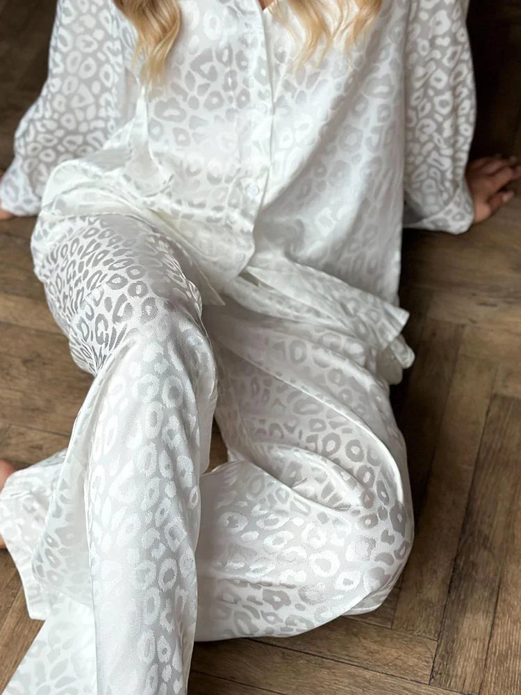 Loungewear- Two-Piece Jacquard Lounge Outfit Shirt & Pant Set- - IndioGear Women Clothing