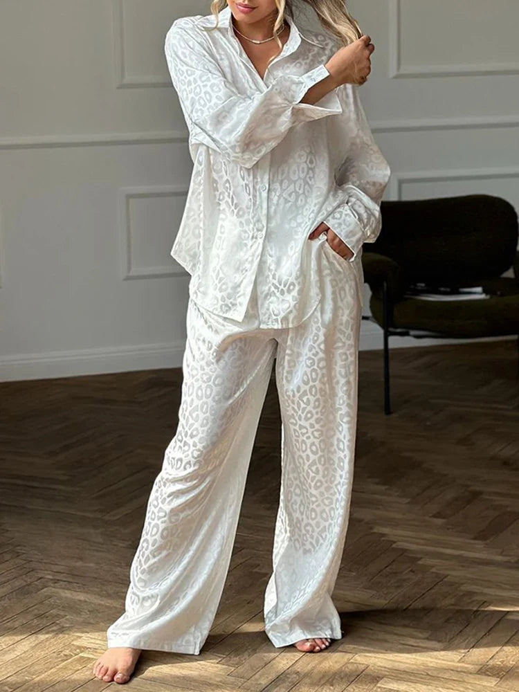 Loungewear- Two-Piece Jacquard Lounge Outfit Shirt & Pant Set- - IndioGear Women Clothing